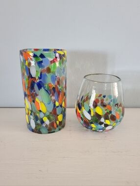 Hand Blown Confetti Glass Tumbler and Wine Glass